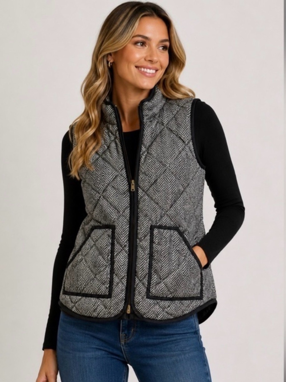 Quilted Herringbone Vest in Gray with Black Trim